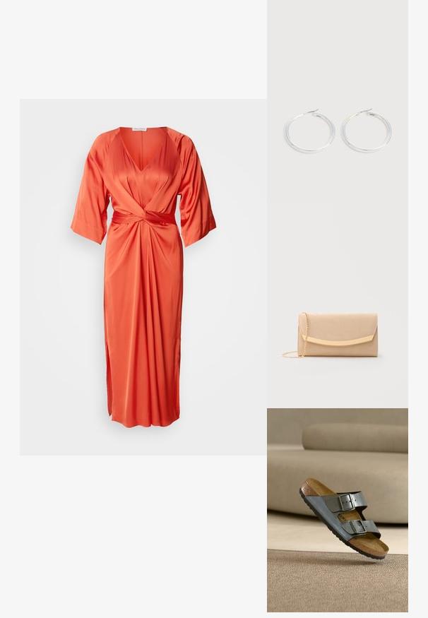 Vestido de satén naranja con un profundo escote en V, mangas anchas y un nudo en el frente. La falda tiene una abertura lateral para un detalle adicional.; Sandalia negra de dos tiras con hebillas metálicas ajustables, plantilla de corcho y suela texturizada, descansando sobre una alfombra beige en una habitación de tonos neutros.; Bolso de mano rectangular beige con un broche dorado curvado y una correa fina de cadena dorada sobre un fondo claro.; Pareja de pendientes de aro plateados brillantes con cierres de alambre delgado, mostrados sobre un fondo gris claro.