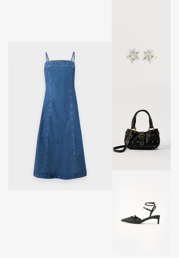 Robe midi en denim bleu avec fines bretelles, encolure carrée et corsage ajusté s'évasant légèrement vers l'ourlet.; Talons hauts slingback en cuir noir avec un orteil pointu, de fines lanières autour de la cheville, des accents en métal doré et un talon fin. Texture lisse et design minimal.; Sac à main en cuir noir avec boucle dorée et détails à rivets, poignées courtes et bandoulière réglable sur fond blanc uni.; Boucles d’oreilles créoles en forme d’étoile argentée avec une finition lisse et polie sur un fond blanc uni.