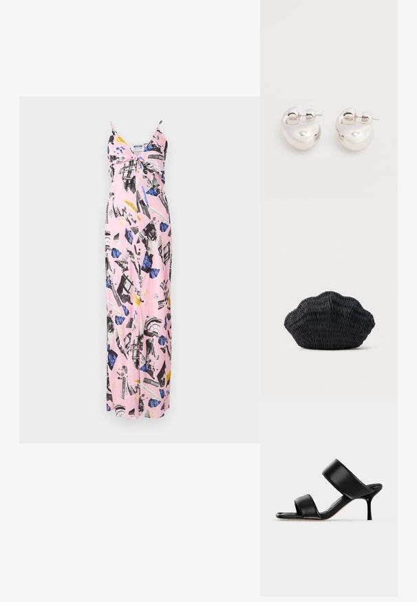 Robe maxi rose avec des fines bretelles, mettant en avant un collage de motifs noirs et bleus, des imprimés floraux et des accents de texte audacieux tout au long.; Sandale mule en cuir noir avec deux larges brides et un talon stiletto fin de hauteur moyenne sur un fond clair uni.; Sac à main en osier noir en forme de coquille Saint-Jacques avec un dessus courbé et une texture tressée sur un fond uni.; Paire de boucles d'oreilles argentées brillantes et épaisses avec fermoirs à tige, sur fond blanc uni.