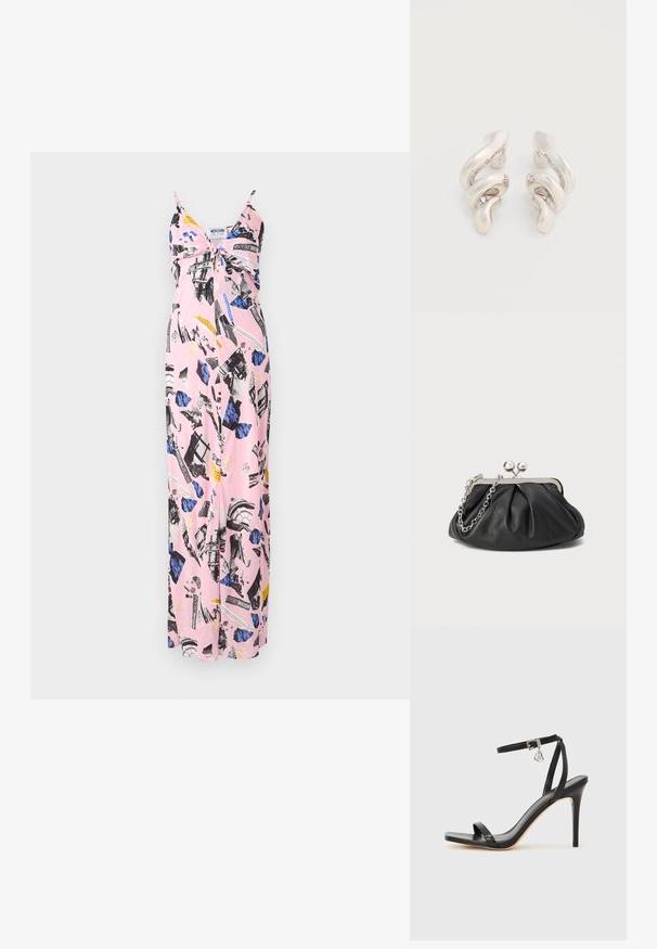 Robe maxi rose avec des fines bretelles, mettant en avant un collage de motifs noirs et bleus, des imprimés floraux et des accents de texte audacieux tout au long.; Sandale à talon haut noire avec une bride étroite à la cheville, bout carré, cuir lisse et accent de boucle métallique.; Porte-monnaie en cuir noir avec texture froncée, cadre en métal argenté, fermeture à verrouillage kiss-lock et bandoulière en chaîne. Surface lisse et douce.; Boucles d'oreilles clips en métal argenté torsadé avec une finition lisse et brillante, présentant un design moderne et abstrait en spirale.