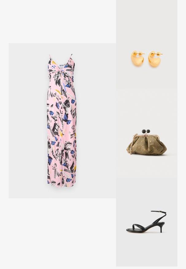 Robe maxi rose avec des fines bretelles, mettant en avant un collage de motifs noirs et bleus, des imprimés floraux et des accents de texte audacieux tout au long.; Sandale pour femme en cuir noir avec fines lanières, une boucle d'orteil, une boucle à la cheville et un talon aiguille de hauteur moyenne sur un fond neutre.; Petite pochette avec motif géométrique doré et noir, cadre en métal doré, fermeture à boule noire et une courte chaîne dorée.; Paire de petites boucles d'oreilles clous épaisses en métal doré avec des formes lisses, courbes et abstraites sur un fond clair.
