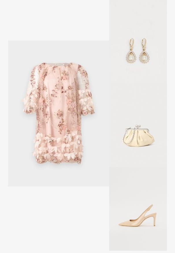 Robe légère rose clair avec applications florales 3D, fleurs brodées et ourlet festonné, manches mi-longues et encolure ronde.; Escarpin slingback en cuir verni nude avec un bout pointu, un décolleté ouvert et un talon aiguille fin. Comprend un accent doré circulaire sur la sangle.; Pochette en cuir beige plissé avec un cadre en métal argenté, dotée de deux fermoirs ronds décoratifs et d'une chaîne en argent.; Boucles d'oreilles dorées avec un design en forme de larme, comportant une perle centrale entourée de petits cristaux transparents. Fermeture à charnière.