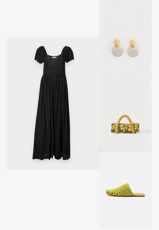 Zwarte maxi-jurk met een gestructureerde bovenkant, korte pofmouwen en een geplooide rok met delicate oogjes aan de zoom.; Groen geweven slip-on mule met platte zool en gesloten puntige neus, ontworpen voor casual gebruik.; Rechthoekige tas met geel-zwart bloemenpatroon en gevlochten geel-roze handvat op witte achtergrond.; Gouden en zilveren metalen oorbellen met een ronde schijfbasis en een ovale bovenstuk, gladde textuur en gepolijste afwerking.