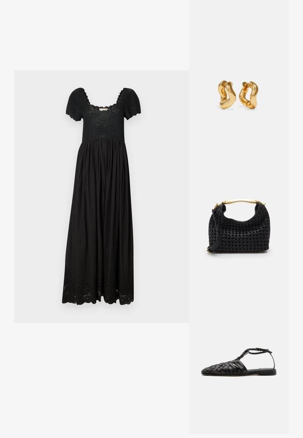Vestido largo negro con un cuerpo texturizado, mangas cortas abullonadas y una falda fruncida que presenta delicados detalles de ojete en el dobladillo.; Sandalia plana negra de cuero con puntera cerrada tejida, correa en el tobillo y hebilla, presentada sobre fondo blanco.; Elleme BOOMERANG SMALL WOVEN - Bolso de mano - black; Pendientes de aro en tono dorado con un diseño ondulado, que presentan una superficie lisa y brillante y una forma aerodinámica. Sin cierres visibles.