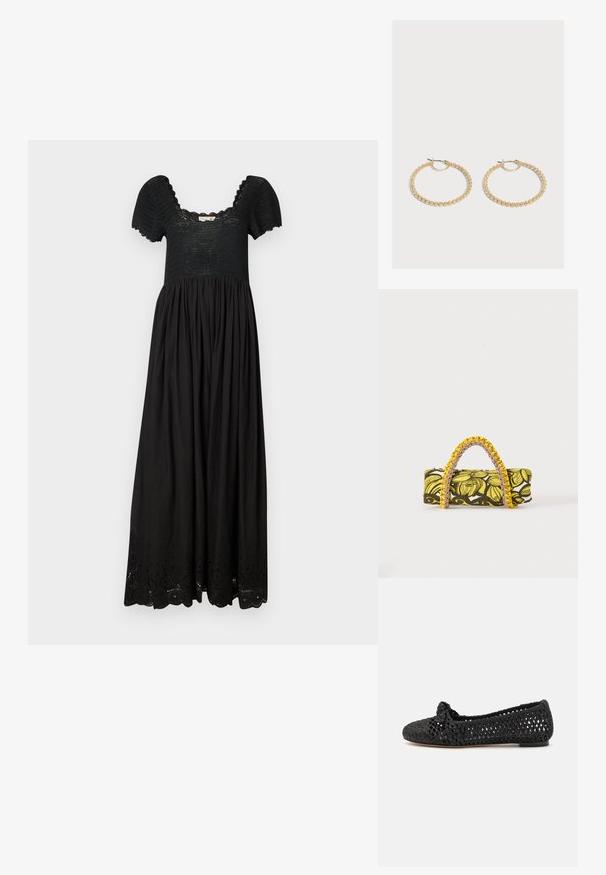 Schwarzes Maxikleid mit einem strukturierten Oberteil, kurzen Puffärmel und einem gerafften Rock, der am Saum zarte Lochstickereien aufweist.; Schwarzer flacher Schuh mit gewebtem Textiloberteil, das eine geknotete Akzentuierung an der Zehe aufweist. Glatte Sohle, runde Zehenform und offenes Gewebedesign.; Rechteckige Tasche mit gelbem und schwarzem Blumenmuster und geflochtenem gelb-pinkem Griff auf weißem Hintergrund.; Paar mittelgroße goldene Creolen mit einem strukturierten, perlenbesetzten Design auf einfachem hellem Hintergrund.