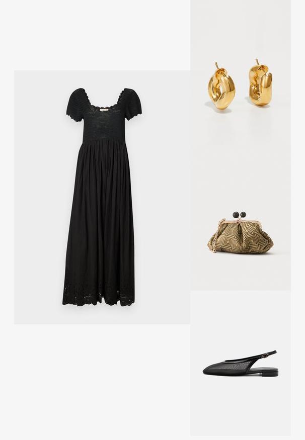 Vestido largo negro con un cuerpo texturizado, mangas cortas abullonadas y una falda fruncida que presenta delicados detalles de ojete en el dobladillo.; Zapato plano negro tipo slingback con punta estrecha, parte superior de malla, correa ajustable con hebilla y tacón bajo apilado sobre fondo blanco.; Pequeño bolso de mano con patrón geométrico en dorado y negro, marco metálico dorado, cierre de bola negro y una corta correa de cadena dorada.; Pendientes de aro grueso en oro con un diseño tubular ligeramente retorcido y cierre de presión, sobre un fondo blanco.