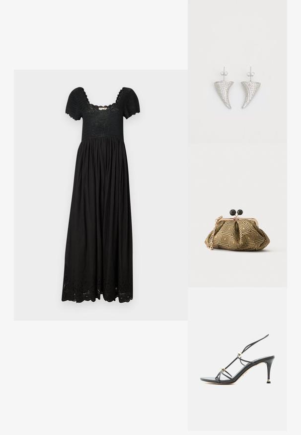 Schwarzes Maxikleid mit einem strukturierten Oberteil, kurzen Puffärmel und einem gerafften Rock, der am Saum zarte Lochstickereien aufweist.; Schwarze, hochhackige Sandale mit dünnen Riemen und goldfarbenen Perlenakzenten an einem spitzen Stilettoabsatz.; Kleine Clutch mit goldenem und schwarzem geometrischem Muster, goldfarbenem Metallrahmen, schwarzem Kugelverschluss und kurzem goldfarbenem Kettenriemen.; Silberne, hornförmige Ohrringe, besetzt mit kleinen klaren Steinen, mit einem Steckverschluss zur Befestigung. Glatte Textur und metallisches Finish.