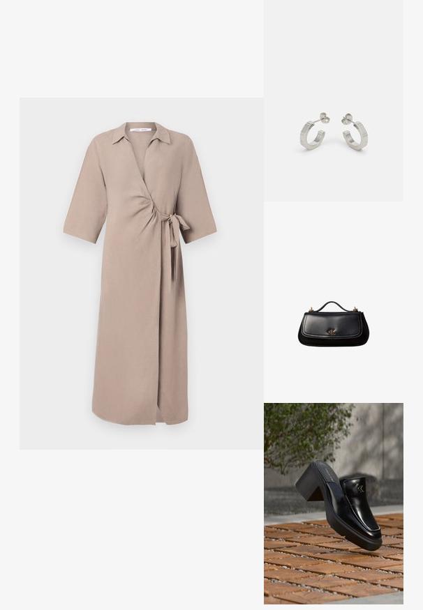 Beige wikkeljurk van lichtgewicht stof, met een V-hals, korte mouwen en een strikaccent op de taille. Middellange uitvoering.; Zwarte leren Calvin Klein slip-on mule met blokhak rustend op houten tegels buiten, vlak bij een groene plant en een grijze muur.; Zwarte leren handtas met een klein handvat, goudkleurig "cK"-logo op de voorflap en gouden hardware-accenten.; Zilveren metalen hoepel oorbellen met een gestructureerd ontwerp, voorzien van een kleine post achter en branding op een van de hoepels. Ronde vorm met een gepolijste afwerking.
