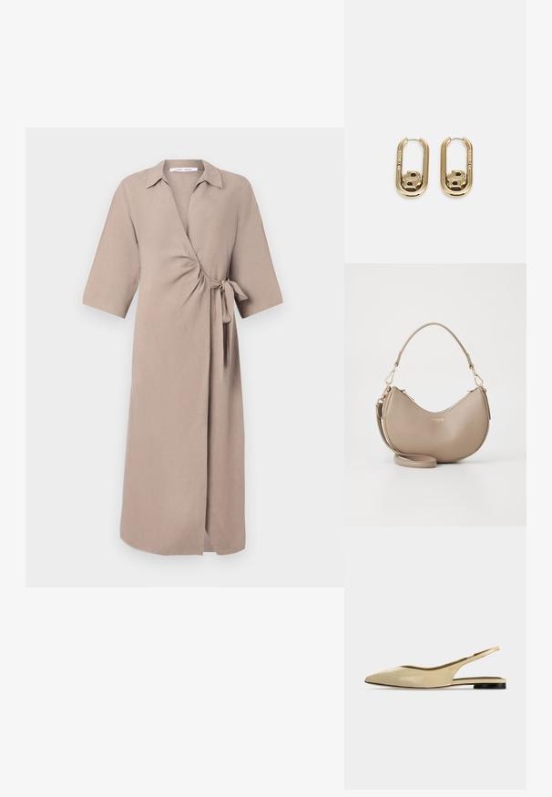 Beige wikkeljurk van lichtgewicht stof, met een V-hals, korte mouwen en een strikaccent op de taille. Middellange uitvoering.; Beige platte slingback schoen met puntige neus, lage zwarte hak en een glad leren afwerking, zijaanzicht op een effen achtergrond.; Beige halve maanvormige leren handtas met een ritssluiting aan de bovenkant, een afneembare schouderriem en het gouden "Lacoste Paris" logo aan de voorkant.; BOSS DOUBLE B SWING - Oorbellen - gold-coloured