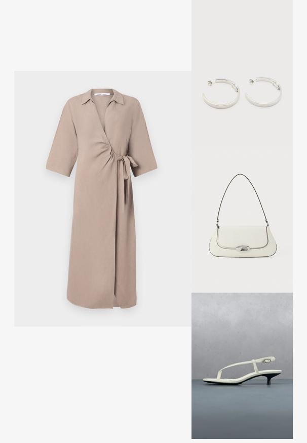 Beige kietaisdress lightweight kankaasta, jossa on V-kaula-aukko, lyhyet hihat ja vyötäröllä solmittava yksityiskohta. Keskipituinen malli.; Valkoinen remmikiilakorkosandaali, jossa on kärjestään kärkikärkinen varvas, leijuu puulattian päällä ulkona sumean kasvi- ja seinätaustan edessä.; Valkoinen nahkalaukku, jossa on kaareva muotoilu, kontrastivärinen musta ompelu ja hopeinen kiinnityskohde, jossa on Calvin Kleinin logo.; Hopeisävyiset puolikuunmuotoiset korvarenkaat, joissa on uurrettu kuviointi ja takaa painettava kiinnitys, valkoisella taustalla.