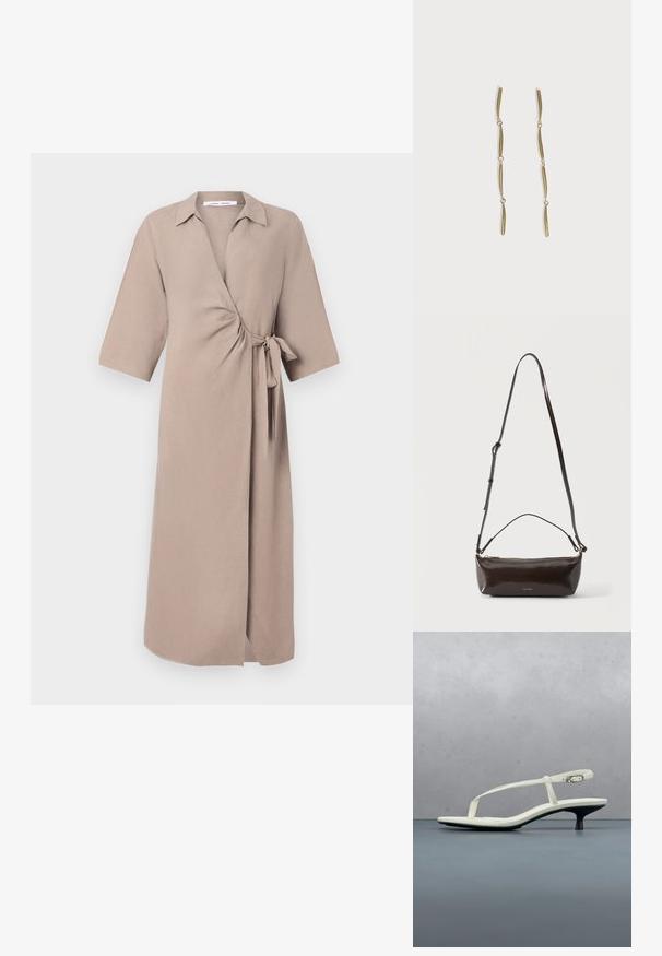 Vestido envolvente beige en tejido ligero, con escote en V, mangas cortas y un detalle atado en la cintura. Diseño de longitud media.; Sandalia blanca de tacón kitten con tiras y punta afilada, flotando sobre un suelo de baldosas de madera al aire libre, con un fondo desenfocado de plantas y pared.; Pequeño bolso de hombro de cuero marrón oscuro brillante con correa ajustable, asa superior y cierre de cremallera dorado.; Pendientes largos de oro compuestos por cuatro barras curvadas enlazadas y alargadas sobre un fondo blanco.