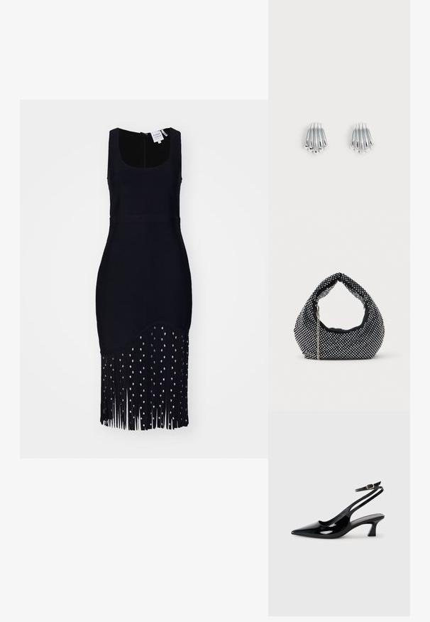 Robe noire sans manches avec un corsage ajusté et un ourlet à franges, ornée de perles argentées, réalisée en tissu doux et texturé.; Escarpins à brides arrière en cuir verni noir, à bout pointu, avec un petit talon carré et une sangle de cheville ajustable dotée d'une boucle dorée.; Sac à main en maille noire orné de clous en argent, avec une poignée incurvée et une bandoulière en chaîne. Texture douce avec une forme arrondie.; Paire de boucles d'oreilles argentées brillantes avec un design à barrettes courbées superposées, affichées sur un fond clair uni.