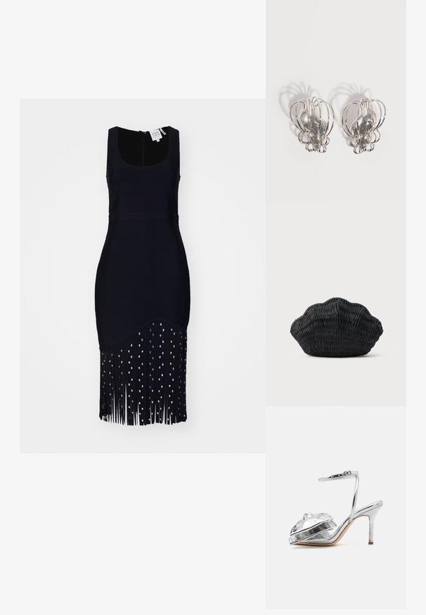 Robe noire sans manches avec un corsage ajusté et un ourlet à franges, ornée de perles argentées, réalisée en tissu doux et texturé.; Loeffler Randall MARLENA - Sandales à talons hauts - silver; Sac à main en osier noir en forme de coquille Saint-Jacques avec un dessus courbé et une texture tressée sur un fond uni.; Paire de boucles d'oreilles en métal argenté avec un design en cage à fil ouvert et des formes ovales centrales lisses projetant des ombres courbes sur un fond blanc.