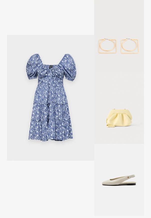 Sinine lilleline kleit, millel on puhv-sleeved, ruudukujuline kaelus, kogutud rind ja kihiline seeliku disain. Kangas on sileda tekstuuriga ja kerge mustriga.; Kreemikas nahast slingback-tasapinnaline king, millel on ümar ninaosa ja väike kuldne embleem rihmal.; Pehme kollane nahast käekott kokoskujundusega ja eemaldatava rihmaga, heleda tausta ees.; Kullatooni kõrvarõngad, mille sees on ringikujulised rõngad suuremates ruudukujulistes raamides, mille alumisel serval on väikesed sisse seatud kristallid.