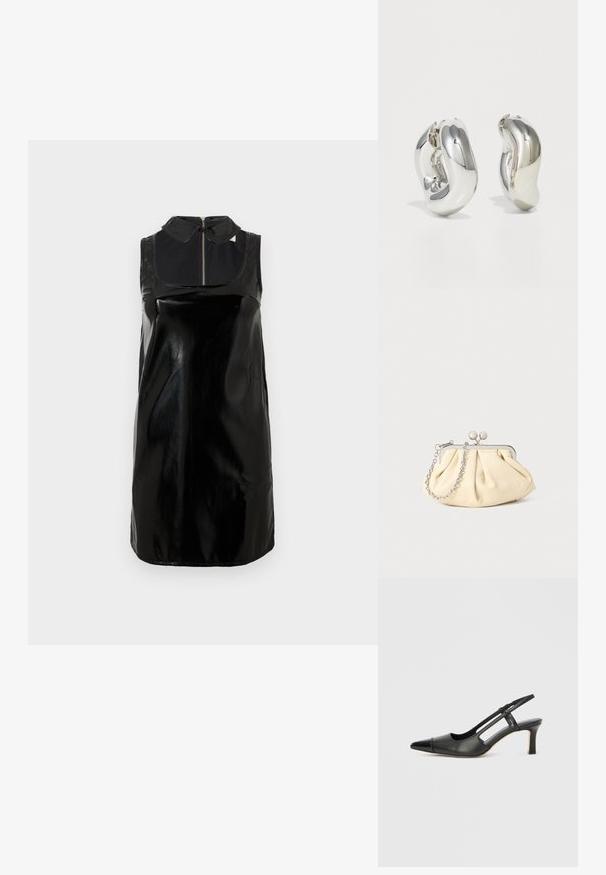 Vestido sin mangas de cuero sintético negro con cuello alto y cremallera frontal, que presenta una textura brillante y una silueta ajustada y recta.; Zapato slingback de cuero negro con punta afilada, con un acento brillante en la puntera y un tacón de altura media. Diseño con lateral abierto.; Clutch de cuero beige plisado con un marco de metal plateado, que cuenta con dos broches decorativos redondos y una correa de cadena plateada.; Pendientes escultóricos de plata con formas suaves y curvas y superficies reflectantes. Presentan un diseño de aro cerrado y una forma orgánica distintiva.
