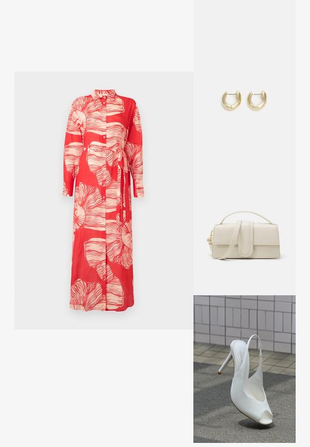 Rød langærmet kjole med krave, der har et hvidt blomsterprint og en bundet talje. Fremstillet af letvægtsstof med knaplukninger.; Hvid højhælet slingback-sko med åben tå på fortovet foran en flisebelagt væg, der kaster en skygge på jorden.; Cremefarvet læderhandbag med rektangulær form, flad hank og aftagelig rem; har en frontklap med magnetlukning.; Guld-tone hoop øreringe med en glat, poleret overflade. Har en halvcirkelform og en sikker stiftlukning.