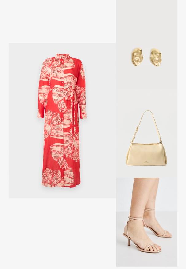 Rød langærmet kjole med krave, der har et hvidt blomsterprint og en bundet talje. Fremstillet af letvægtsstof med knaplukninger.; Nude strop sandals med en tynd ankelrem, et firkantet tådesign og en lille blokhælt. Glat tekstur med minimal detaljering.; Beige rektangulær skuldertaske med justerbar rem og lynlås, med en lille "Anna Field"-logo midt foran.; Par skinnende, ujævnt formede øreringe af guldmetal med en krøllet, glat overflade på en ensartet lys baggrund.