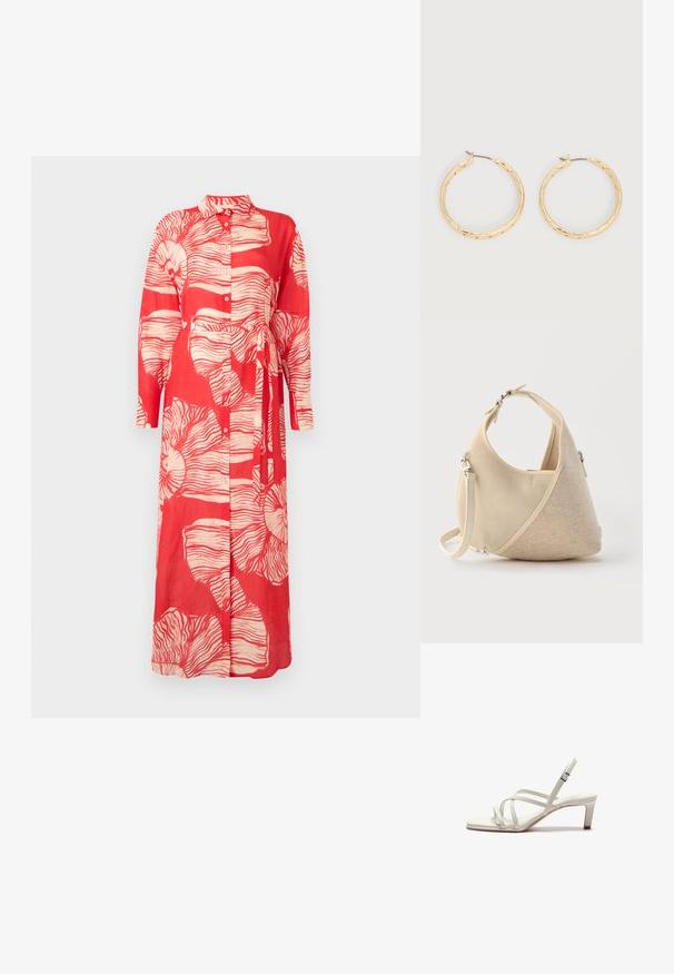 Rød langærmet kjole med krave, der har et hvidt blomsterprint og en bundet talje. Fremstillet af letvægtsstof med knaplukninger.; Zign by Zalando Pumps - off white; Beige halvmåneformet håndtaske med blandede stofteksturer, kort håndtag og aftagelig skulderrem, sat mod en lys baggrund.; Par af guldfarvede teksturerede hoop-øreringe med tynde stifter på en hvid baggrund.