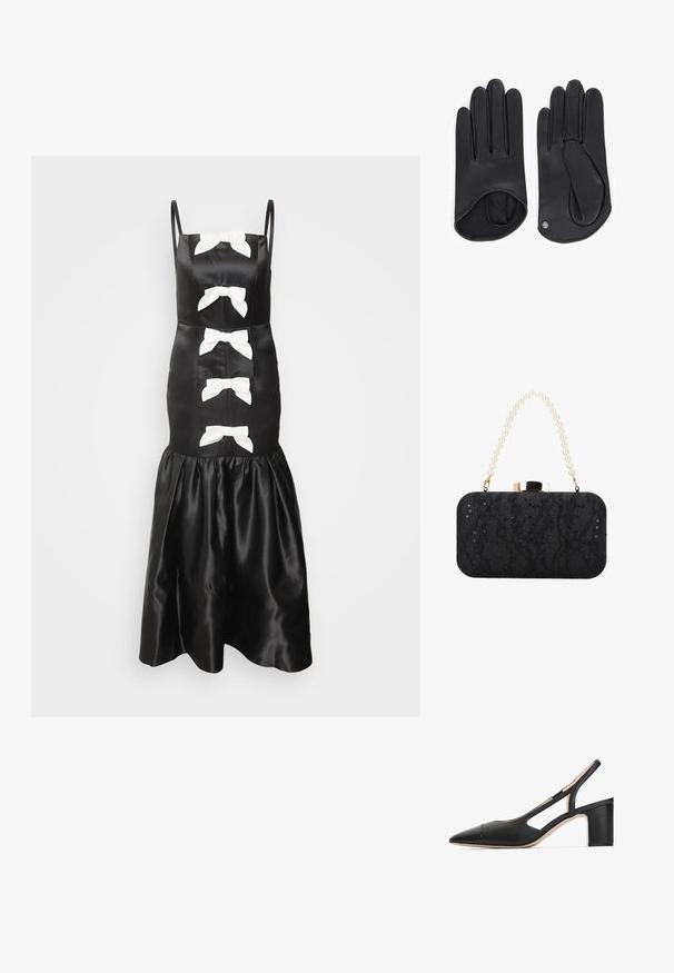 Zwarte satijnen jurk met witte strikdetails, dunne bandjes, een aansluitend lijfje en een uitlopende, gerimpelde zoom. Soepele textuur en klassiek ontwerp.; Zwarte leren slingback schoen met een spitse neus, uitsnijdingen en een chunky hak. Glad oppervlak met een glanzende neusaccent.; Zwarte rechthoekige clutch met pailletten- en kanten textuur, parelbedekte handgreep en een goudkleurige sluiting bovenop.; Zwarte leren handschoenen met vijf vingers, voorzien van een zachte binnenvoering en een verstevigd palmgebied. Eenvoudig ontwerp met minimale hardware.