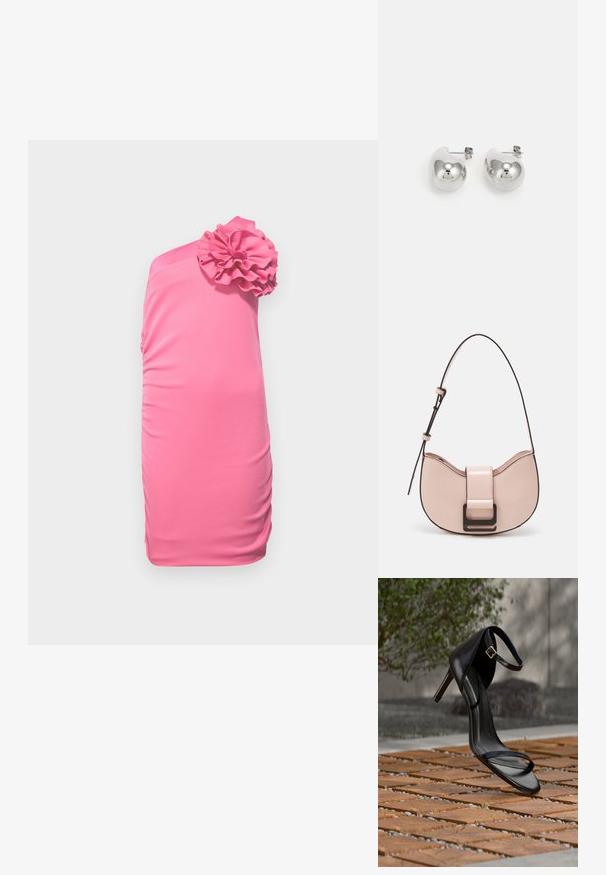 Vestido de un solo hombro en un tejido de un vibrante rosa, con un acento rizado en el hombro, diseño ajustado y textura gather en el lateral.; Sandalia negra de tacón alto con correa en el tobillo, parece suspendida sobre un suelo de baldosas de madera al aire libre, con un fondo difuminado de vegetación y piedra.; Pequeño bolso de piel rosa curvado con un acabado brillante, que presenta una correa de acento negra y un gran cierre de broche negro. Diseño cruzado.; Pendientes de gota de plata con superficies redondeadas y reflectantes; diseño minimalista con textura suave y un sutil detalle de marca.
