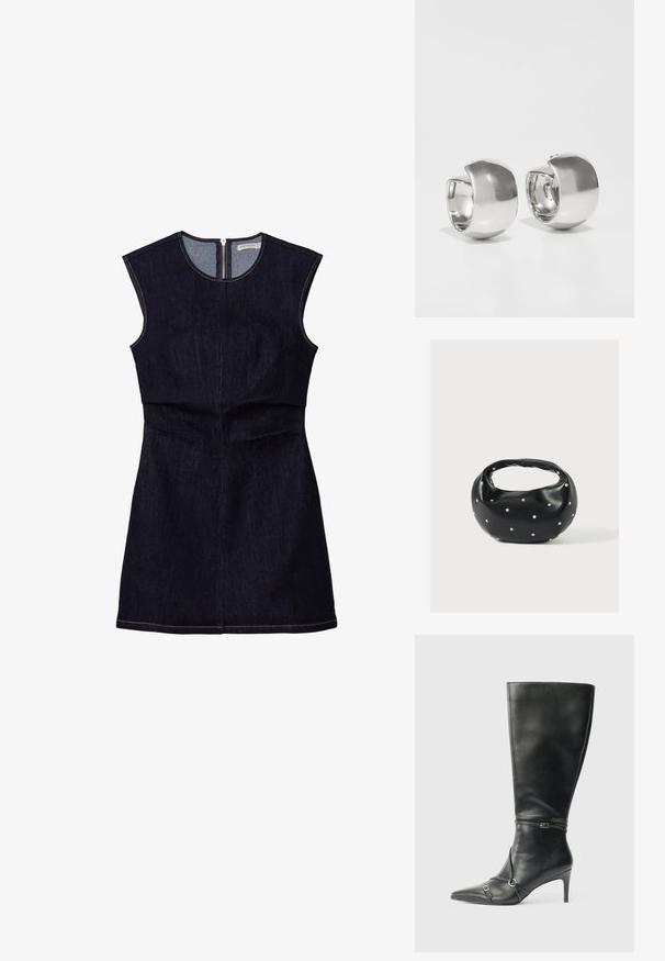 Mørk denim ærmeløs kjole med en tætsiddende overdel og en flagrende nederdel. Har en lynlås i ryggen og enkle stikninger.; Sorte knæhøje støvler i læder med en slank hæl, spids tå og remdetaljer ved anklen. Glat tekstur og tætsiddende design.; Sort læderhåndtaske med en rundet form, dekoreret med sølvnitter, og et kort håndtag. Glat tekstur og lynlåslukning.; Uncommon Matters SCULPTURAL LARGE CREOLE - Øreringe - silver-coloured
