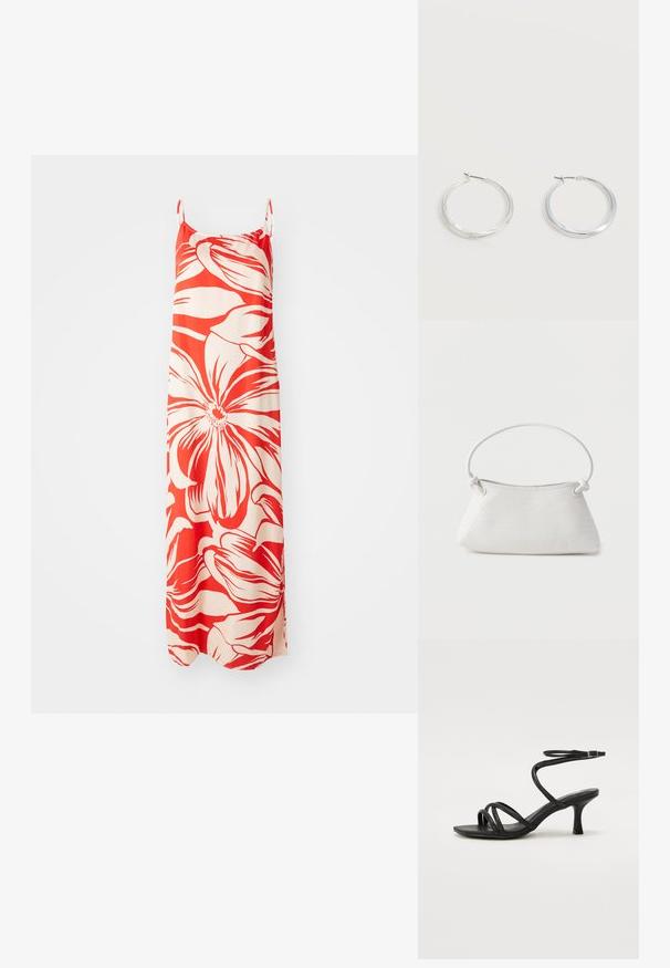 Robe maxi rouge et crème, ornée de grands motifs floraux. Fabriquée en tissu léger avec des bretelles spaghetti réglables et des fentes sur les côtés.; Even&Odd Wide Fit by Zalando Sandales - black; Sac à main en cuir tressé blanc avec poignée arrondie et extrémités de lanière nouées, présenté sur un fond uni.; Boucles d’oreilles créoles en métal argenté avec une surface lisse légèrement incurvée et des fermoirs à clapet sur un fond blanc uni.
