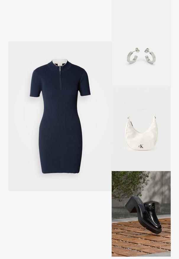 Marineblaues geripptes Strickkleid mit kurzen Ärmeln, hohem Kragen und zentralem Reißverschluss. Glatte Textur, taillierte Silhouette und dezentes Logo-Detail.; Schwarze Leder-Slip-on-Mule von Calvin Klein mit Blockabsatz, die auf Holzfliesen im Freien nahe einer grünen Pflanze und einer grauen Wand ruht.; Kleine weiße halbmondenförmige Handtasche mit kurzem Trageriemen, Reißverschluss und schwarzem "cK"-Logo auf der Vorderseite.; Silberne Metall-Hoops mit strukturiertem Design, ausgestattet mit einem kleinen Steckverschluss und Branding an einem Hoop. Abgerundete Form mit glänzender Oberfläche.
