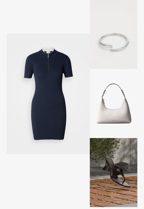 Marineblauwe geribbelde gebreide jurk met korte mouwen, hoge kraag en een centrale rits. Soepele textuur, aansluitende silhouet en subtiele logodetail.; Bruine Calvin Klein teenslipper met hak, hangend boven houten tegels en grind op een buitenvloer met een vage achtergrond van groen en stenen.; Romige Calvin Klein leren schoudertas met gebogen bovenrand, zilveren rits en donkerbruine verstelbare riem.; Calvin Klein SPIRAL - Armband - silver-coloured