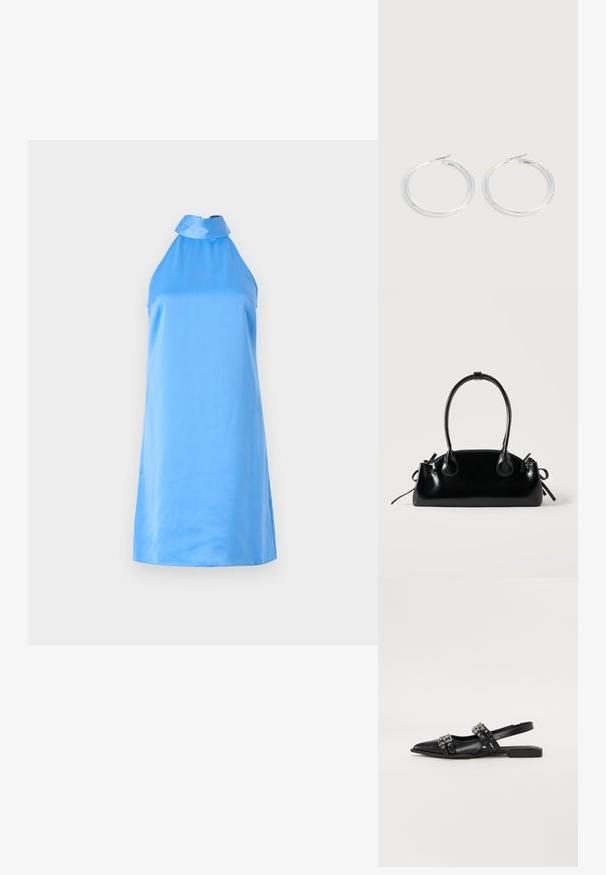 Une robe halter sans manches, bleu clair, en tissu doux, avec un col montant et des fentes sur les côtés pour faciliter les mouvements.; Even&Odd by Zalando Ballerines à brides arrière - black; Petit sac à main noir brillant avec deux longues anses et des détails à cordon sur les côtés sur un fond clair uni.; Paire de boucles d'oreilles créoles argentées brillantes avec fermoirs en fil fin, présentée sur un fond gris clair.