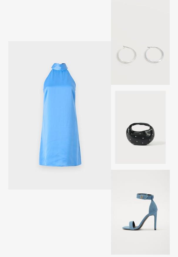 Une robe halter sans manches, bleu clair, en tissu doux, avec un col montant et des fentes sur les côtés pour faciliter les mouvements.; Sandale à talon haut en denim bleu avec une bande de cheville et une fermeture à bouton. Caractéristiques d'un bout carré et d'une semelle noire pour le contraste.; Sac à main en cuir noir de forme arrondie, décoré de clous argentés et équipé d'une poignée courte. Texture lisse et fermeture éclair.; Boucles d’oreilles créoles en métal argenté avec une surface lisse légèrement incurvée et des fermoirs à clapet sur un fond blanc uni.