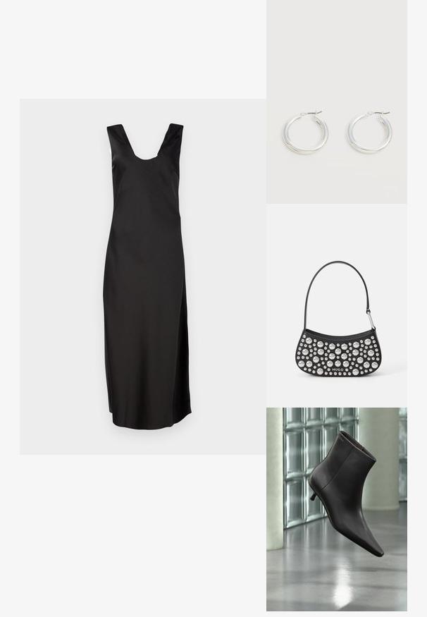 Schwarzes ärmelloses Kleid mit tiefem V-Ausschnitt, aus glattem Stoff. Es hat eine figurbetonte Silhouette und reicht bis zum Knie, ohne Muster.; Schwarzer Leder-Knöchelstiefel mit spitzer Spitze und kleinem Absatz vor einer Wand aus Glasbausteinen und einem polierten Boden.; Schwarze Lederhandtasche mit geschwungener Form, verziert mit silbernen Nieten in verschiedenen Größen und einem kurzen Tragegurt. "HUGO"-Logo auf der Vorderseite aufgedruckt.; Paar mittelgroße glänzende silberne Hoop-Ohrringe mit dünnen Metallverschlüssen auf hellem neutralem Hintergrund.
