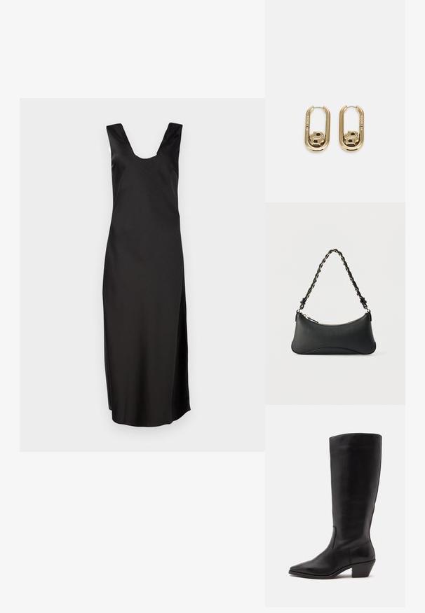 Vestido negro sin mangas con un escote en V pronunciado, hecho de una tela suave. Presenta una silueta ajustada y llega hasta la rodilla sin patrones.; Bota de cuero negra hasta la mitad de la pantorrilla con puntera puntiaguda y tacón bajo inclinado sobre un fondo claro y liso.; Bolso de hombro de cuero negro con forma rectangular curvada, cadena dorada entrelazada en una correa negra trenzada y cierre superior con cremallera.; BOSS DOUBLE B SWING - Pendientes - gold-coloured