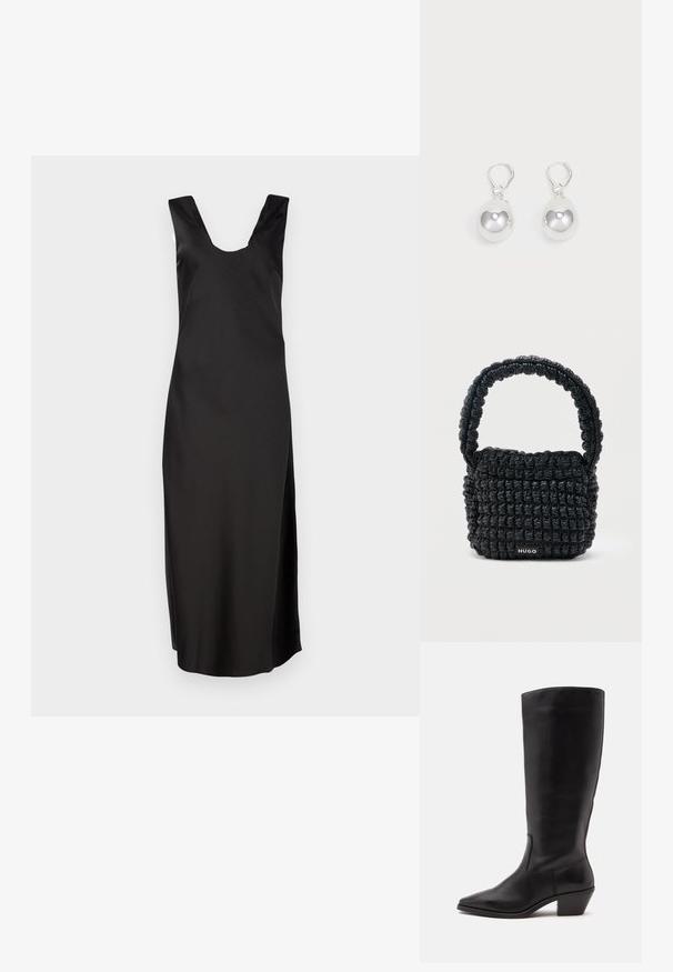 Schwarzes ärmelloses Kleid mit tiefem V-Ausschnitt, aus glattem Stoff. Es hat eine figurbetonte Silhouette und reicht bis zum Knie, ohne Muster.; Schwarzer Lederstiefel bis zur Wade mit spitzer Spitze und niedrigem schrägem Absatz vor einfachem hellem Hintergrund.; Kleine schwarze gesteppte Handtasche mit kurzem, gepolstertem Henkel und "HUGO"-Label auf der Vorderseite, vor einem schlichten hellen Hintergrund präsentiert.; Silberne Tropfenohrringe mit glatten, runden, reflektierenden Oberflächen, die an Hakenverschlüssen hängen. Der Hintergrund ist reinweiß.