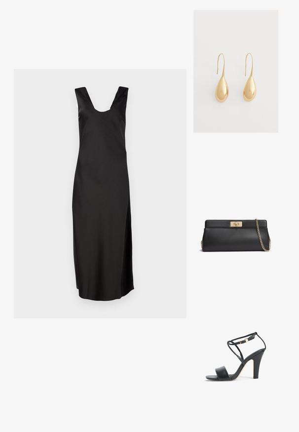 Vestido negro sin mangas con un escote en V pronunciado, hecho de una tela suave. Presenta una silueta ajustada y llega hasta la rodilla sin patrones.; Sandalia de tacón alto negra con tira fina en el tobillo, hebilla dorada, punta abierta y tacón ancho, vista lateral sobre fondo blanco.; Bolso de mano de cuero negro con cierre de giro metálico en tono dorado y una correa de hombro a juego con cadena dorada.; Par de pendientes colgantes dorados en forma de lágrima brillante sobre un fondo liso gris claro.