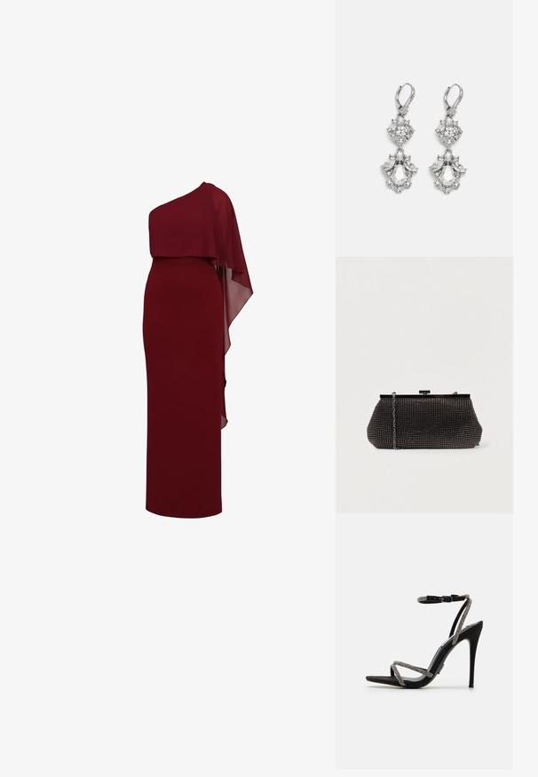 Μαν sleeveless βραδινό φόρεμα σε σκούρο κόκκινο χρώμα, μακρύ μέχρι το πάτωμα, με ασύμμετρη κάπα που drapes πάνω σε έναν ώμο, δημιουργώντας ένα στρωματικό εφέ.; Μαύρη ψηλή σαγιονάρα με λεπτές, διακοσμημένες λωρίδες και κούμπωμα στον αστράγαλο. Σουέτ ύφασμα, ανοιχτή μύτη και κομψή, μυτερή σιλουέτα.; Μαύρη τσάντα χειρός από δίχτυ με δομημένη σιλουέτα, διακοσμημένη με μικρές μεταλλικές σόλες, διαθέτει κλείσιμο με κούμπωμα και αποσπώμενη αλυσίδα.; Ασημένια σκουλαρίκια με πολλαπλά διαυγή κρύσταλλα σε σχήματα σταγόνας και μαρκαρίσματος, με κλείσιμο τύπου lever-back και περίπλοκες λεπτομέρειες.