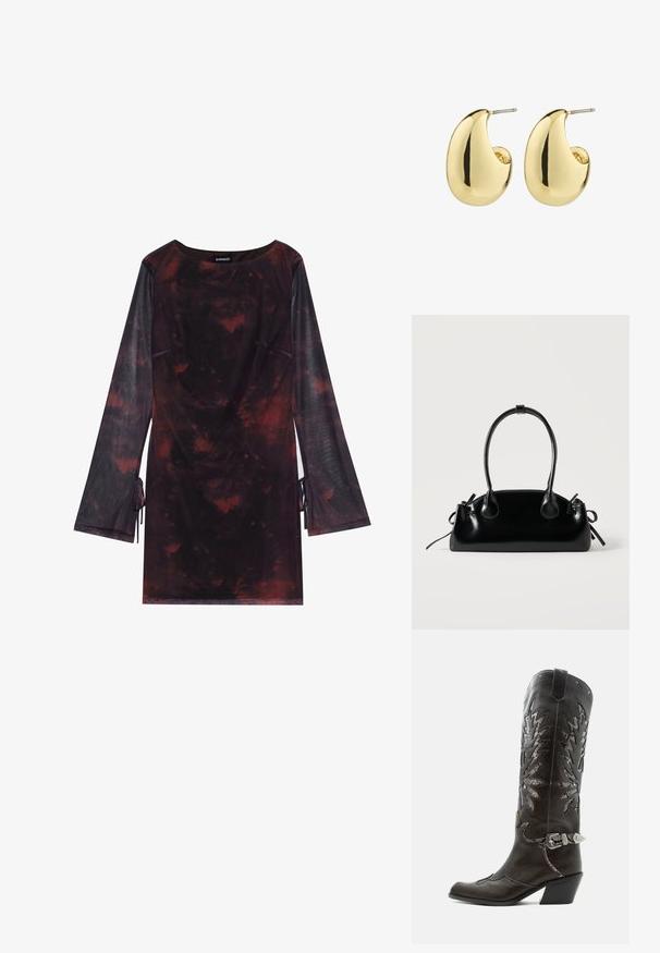 Even&Odd by Zalando Robe de jour - black/red; Botte de cowboy en cuir noir avec découpes décoratives, boucle argentée et talon incliné, présentée sur fond blanc.; Petit sac à main noir brillant avec deux longues anses et des détails à cordon sur les côtés sur un fond clair uni.; Boucles d'oreilles en métal doré avec une surface lisse et polie, présentant une forme abstraite en goutte d'eau. Attache en tige métallique simple.