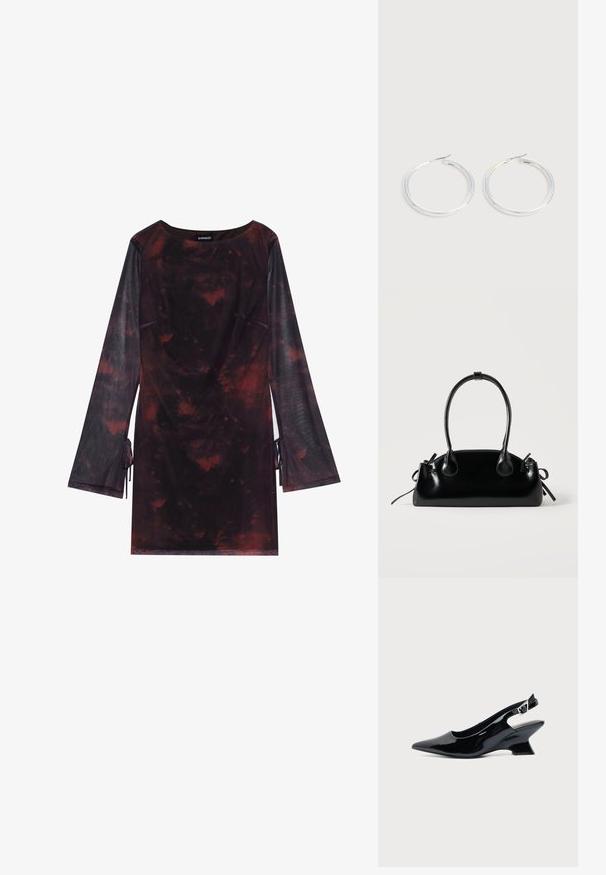 Even&Odd Hverdagskjole - black/red; Sort laklæder slingback sko med spids tå og lav vinklet blokhæl på ensartet lys baggrund.; Lille sort blank håndtaske med to lange håndtag og snøre-detaljer i siden på en ensfarvet lys baggrund.; Par skinnende sølvøreringe med tynde trådlåse, vist på en lys grå baggrund.