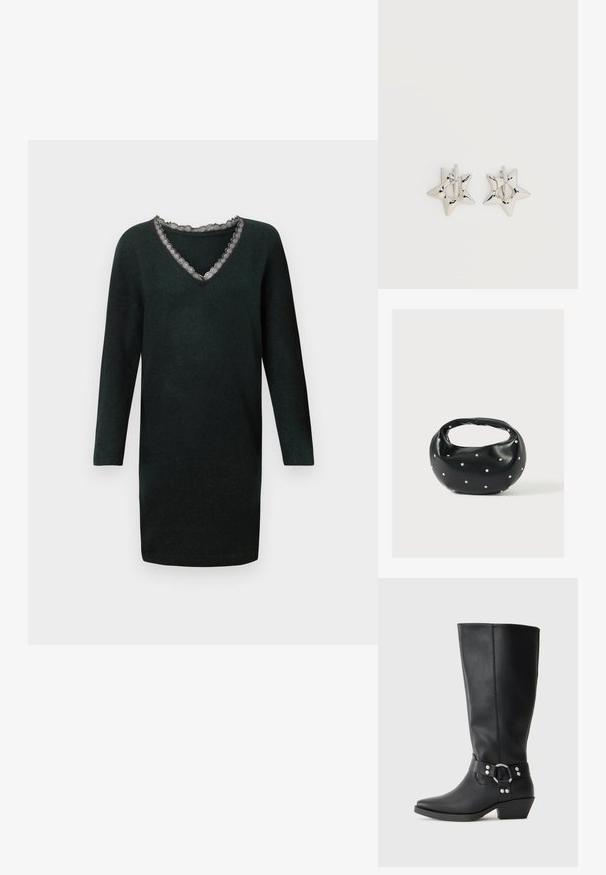 Robe en tricot noire à manches longues avec décolleté en V, ornée d'une délicate bordure en dentelle festonnée.; Bottines noires en cuir hauteur genou avec un bout pointu, dotées d'une sangle décorative à la cheville et d'accents en métal argenté. Talon bas empilé.; Sac à main en cuir noir de forme arrondie, décoré de clous argentés et équipé d'une poignée courte. Texture lisse et fermeture éclair.; Boucles d’oreilles créoles en forme d’étoile argentée avec une finition lisse et polie sur un fond blanc uni.