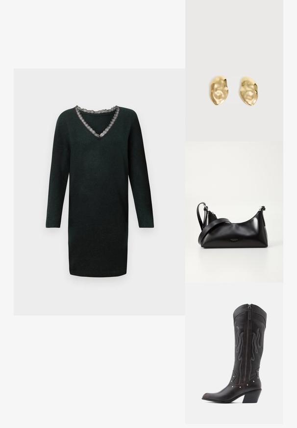 Robe en tricot noire à manches longues avec décolleté en V, ornée d'une délicate bordure en dentelle festonnée.; Bottes de cowboy en cuir marron avec surpiqûres en forme de flammes, fermeture éclair latérale, clous argentés, bout pointu et talon superposé.; Sac à main en cuir noir avec une texture lisse. Dispose d'une bandoulière adjustable et d'un design élégant et minimaliste avec une fermeture éclair.; Paire de boucles d'oreilles en métal doré brillant, de forme irrégulière, avec une surface froissée et lisse sur un fond clair uni.