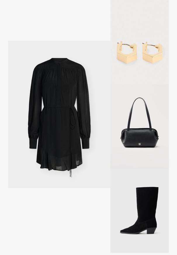 Robe noire à manches longues avec détails froncés, col haut, fermeture par boutons et ceinture à nouer à la taille, avec un ourlet légèrement transparent.; Bottine en daim noir avec un bout pointu, tige de hauteur moyenne et un talon épais. Présente des coutures minimales et une texture lisse.; Sac bandoulière rectangulaire en cuir noir avec longues bretelles et petit logo doré "HUGO" au centre devant.; Une paire de petites boucles d'oreilles géométriques en ton or avec des bords angulaires et des fermoirs à tige sur un fond clair.