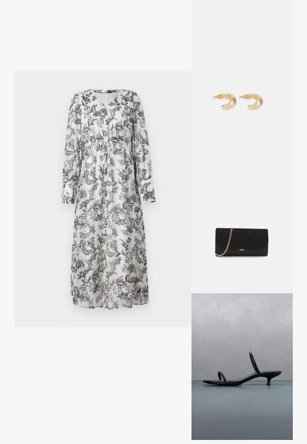 Luftiges, langärmliges Kleid aus transparentem Stoff mit einem schwarzen Blumendruck auf weißem Hintergrund, das einen V-Ausschnitt und eine geraffte Taille hat.; Schwarze Calvin Klein Sandalette mit dünnen Riemen und Absatz, balanciert auf Holzfliesen im Freien neben einer Wand und Grünpflanzen.; Schwarze Clutch aus Wildleder mit strukturierter Oberfläche, ausgestattet mit einem goldenen Kettenriemen und einem eleganten, kantigen Design.; Goldene, mondförmige Ohrringe mit glatter Oberfläche, die orangefarbene Akzente nahe dem Stecker und silberne Beschläge aufweisen.