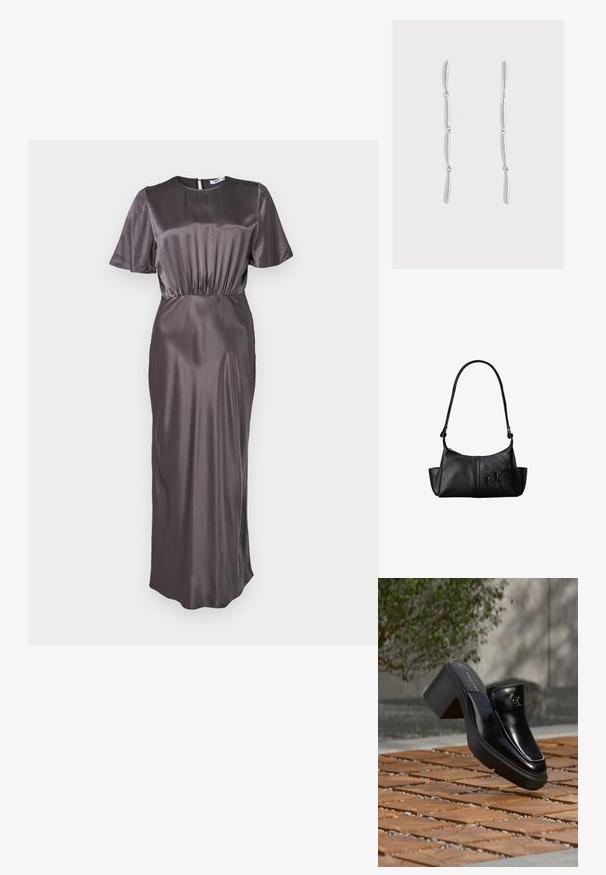 Lange, donkergrijze satijnen jurk met een ronde halslijn, korte mouwen en een elastische taille, voorzien van een rits aan de achterkant en een zachte textuur.; Zwarte leren Calvin Klein slip-on mule met blokhak rustend op houten tegels buiten, vlak bij een groene plant en een grijze muur.; Zwarte leren schoudertas met lange band, zijvakjes en een reliëflogo van Calvin Klein aan de voorkant.; Lange zilveren druppeloorbellen met vier slanke, licht gebogen gekoppelde segmenten op een effen witte achtergrond.