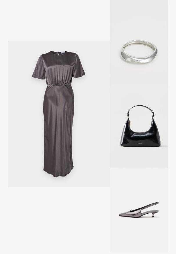 Lange, donkergrijze satijnen jurk met een ronde halslijn, korte mouwen en een elastische taille, voorzien van een rits aan de achterkant en een zachte textuur.; Metallic grijze slingback-schoen met spitse neus, lage kittenhak en verstelbare band op een witte achtergrond.; Zwarte glanzende Calvin Klein handtas met gouden rits en korte band tegen een effen witte achtergrond.; Zilveren metalen armband met een glad, gebogen ontwerp. Gepolijste afwerking en ronde hoeken zorgen voor een naadloze uitstraling.