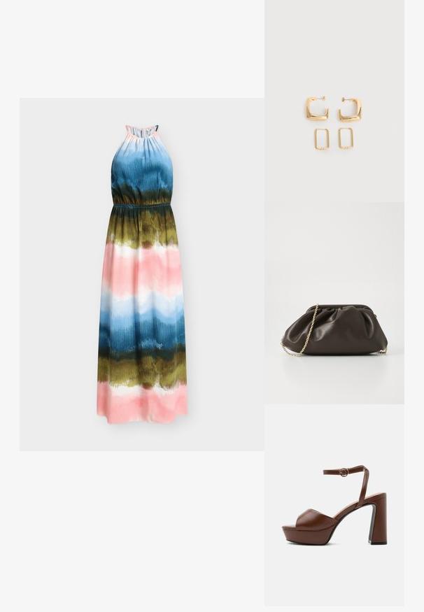 Maxi-kjole med halterneck og akvarelmønster i blå, grøn, pink og hvid. Den har en elastisk talje og en glat stoftekstur.; Brun læder platform sandal med tyk høj hæl, åben tå og justerbar ankelrem med gyldent spænde, vist fra siden.; Brun læderhandtaske med en sammensnøring, guld kædestrop og blød, struktureret overflade. Kompakt form velegnet til aftensbrug.; To par guldfarvede geometriske hoop-øreringe på en ensfarvet hvid overflade, et par firkantede og solide, et par rektangulære og hule.