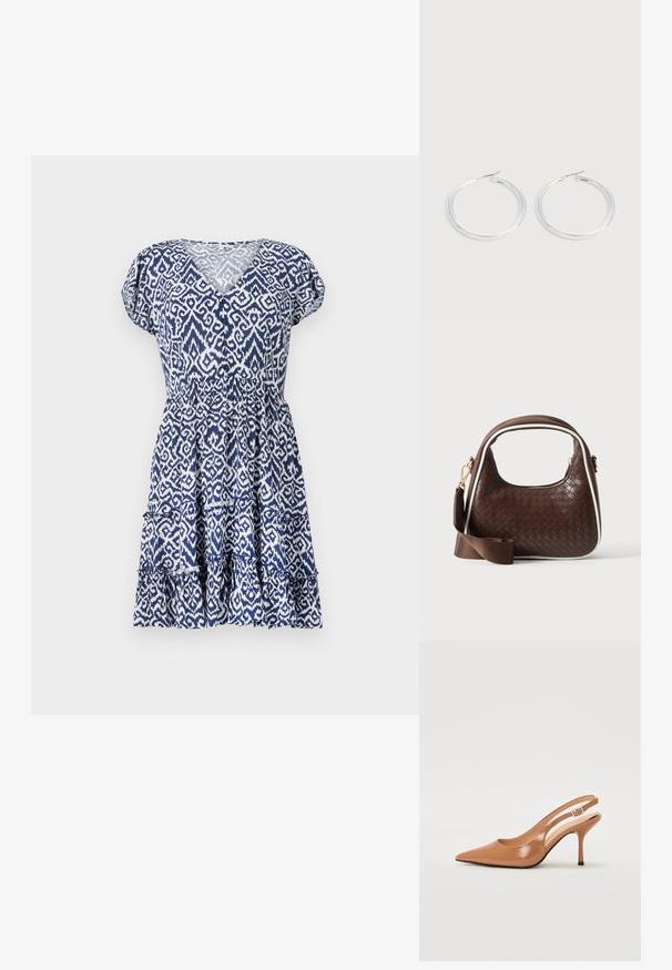 Blauwe en witte jurk met patroon, voorzien van een V-hals, korte puffmouwen, een elastische taille en een tiered gerimpelde zoom. Gemaakt van lichtgewicht stof.; Puntige slingback hak in een glad, glanzend beige materiaal. Bevat een gebogen uitsnijdontwerp en een slanke stiletto hak. Zilveren gesp detail.; Bruine geweven leren handtas met witte bies, gouden ritssluiting en afneembare bruine stoffen schouderriem.; Een paar glanzende zilveren oorringen met dunne draadafsluitingen, getoond op een lichtgrijze achtergrond.