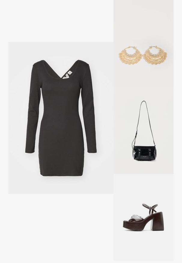 Robe noire à manches longues et à côtes, avec un décolleté en V profond et une silhouette ajustée. Le tissu semble extensible avec une texture lisse.; Sandale plateforme en cuir marron foncé avec talon bloc épais, bout ouvert et bride réglable à la cheville avec boucle métallique.; Sac à bandoulière en cuir noir avec sangle réglable, deux fermetures éclair verticales sur le devant et un petit emblème métallique en forme d'aile sous les fermetures éclair.; Paire de boucles d’oreilles créoles dorées avec des motifs complexes en forme de dentelle et des strass clairs incrustés sur fond blanc.