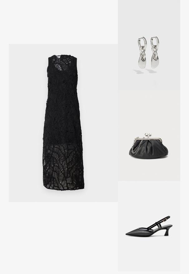 Robe noire sans manches avec un design texturé et en couches. Comprend un tissu transparent avec des accents froncés et une longueur de jupe au niveau des genoux.; Chaussure slingback noire à bout pointu avec tige en mesh, fines brides, boucle dorée et petit talon incurvé sur fond blanc.; Porte-monnaie en cuir noir avec texture froncée, cadre en métal argenté, fermeture à verrouillage kiss-lock et bandoulière en chaîne. Surface lisse et douce.; Boucles d'oreilles en argent avec des maillons ovales allongés, présentant une finition polie et un pendentif tombant texturé. Design simple avec des bords lisses.