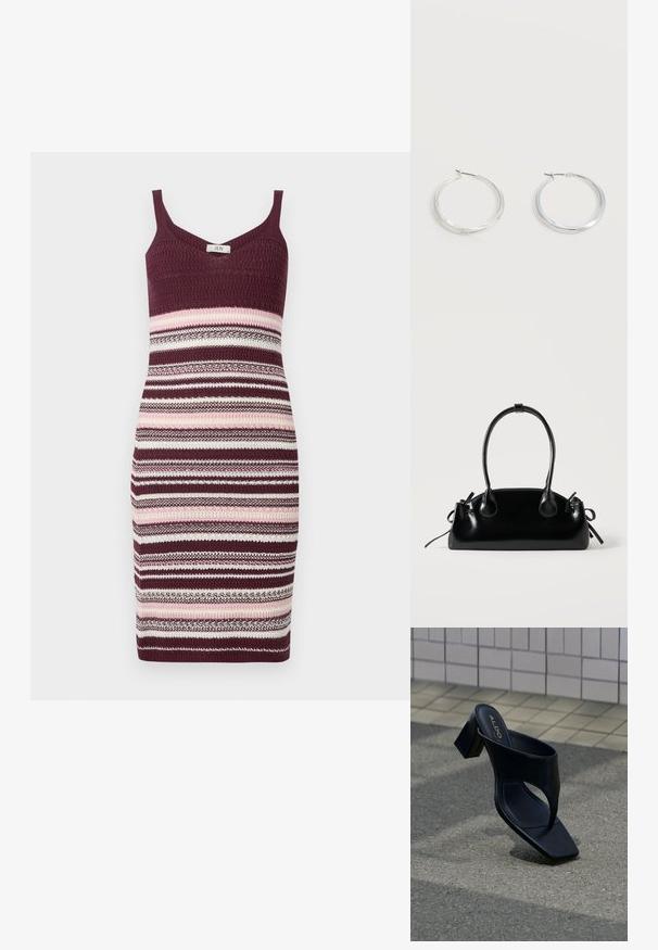 Strickkleid mit figurbetontem Schnitt, Spaghettiträgern und einem gestreiften Muster in Burgunderrot, Pink und Creme. Die Textur ist glatt und dehnbar.; Schwarze Sandale mit Absatz, quadratischer Zehenpartie und breitem Riemen, auf grauem Asphalt nahe einer gefliesten Wand platziert.; Kleine schwarze glänzende Handtasche mit zwei langen Griffen und seitlichen Kordelzug-Details vor einfachem hellem Hintergrund.; Silberne Metallcreolen mit glatter, leicht gebogener Oberfläche und Klappverschluss vor schlicht weißem Hintergrund.