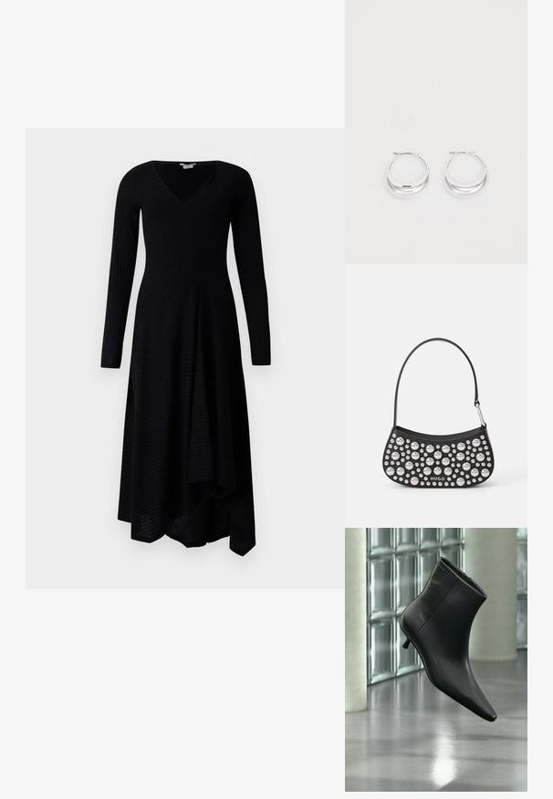 Schwarzes Langarmkleid mit V-Ausschnitt, mit gerippter Textur, asymmetrischem Saum und einem enganliegenden Oberteil, das in einen ausgestellten Rock übergeht.; Schwarzer Leder-Stiefelette mit spitzer Zehenpartie und niedrigem Kitten-Heel, schräg dargestellt vor einem polierten Boden und einer Glasbausteinwand.; Schwarze Lederhandtasche mit geschwungener Form, verziert mit silbernen Nieten in verschiedenen Größen und einem kurzen Tragegurt. "HUGO"-Logo auf der Vorderseite aufgedruckt.; Silberne Creolen mit glänzender Oberfläche und DKNY-Logo, vor einem schlichten weißen Hintergrund präsentiert.