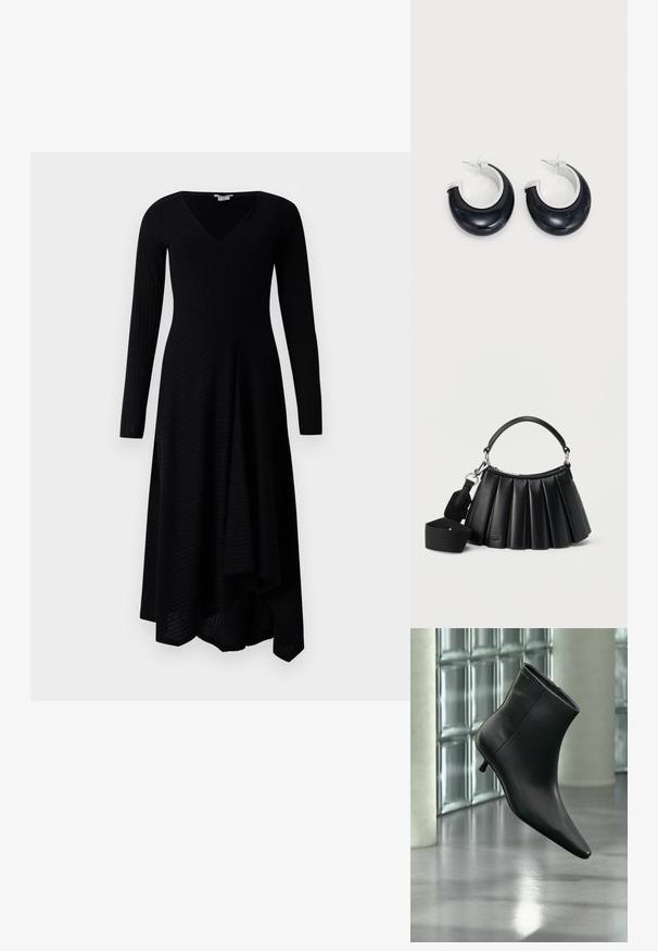 Schwarzes Langarmkleid mit V-Ausschnitt, mit gerippter Textur, asymmetrischem Saum und einem enganliegenden Oberteil, das in einen ausgestellten Rock übergeht.; Schwarzer Leder-Stiefelette mit spitzer Zehenpartie und niedrigem Kitten-Heel, schräg dargestellt vor einem polierten Boden und einer Glasbausteinwand.; Schwarze, plissierte Lederhandtasche mit kurzem Griff und abnehmbarem, breitem Stoff-Schulterriemen vor weißem Hintergrund.; Schwarze Harz-Hoops mit glänzender Oberfläche und silberfarbenen Hardware-Details. Zirkulare Form mit Ausschnitt und Post-Back-Verschluss.